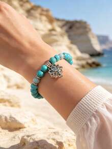 1pc Vintage Round Bead Turquoise Glowing Bracelet, Flower Elastic Bangle, Handmade Beaded Jewelry - Blue - View 5