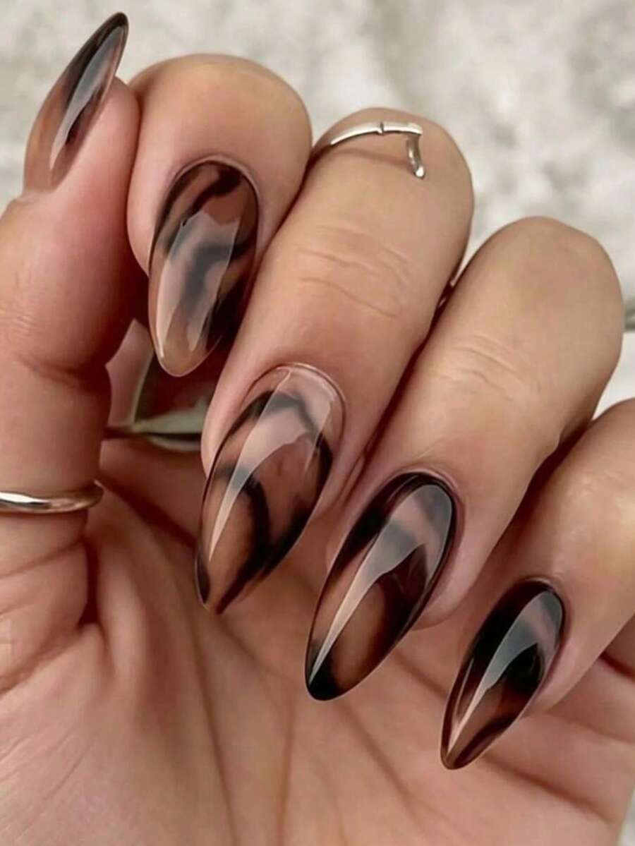 24pcs Brown Amber Marble Medium Long Almond Pointed Press-On Nails, Acrylic Fake Nail Tips, Nail Stickers, Y2K Nails - Multicolor - View 1