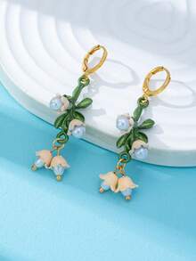 1 Pair Lily Of The Valley Floral Dangle Earrings, Green Stem White Bell Flower Pearl Drop Gold Hook Earrings, Flower Jewelry For Women Girls - Lily Of the Valley Pendant Earrings - View 4