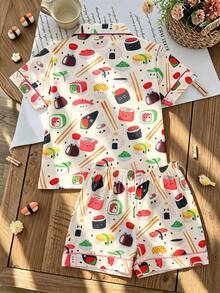 2pcs/Set Girls' Casual Sushi Print Polo Collar Short Sleeve Cardigan And Shorts Sleepwear Set, Flame Retardant, All Season - Apricot - View 2