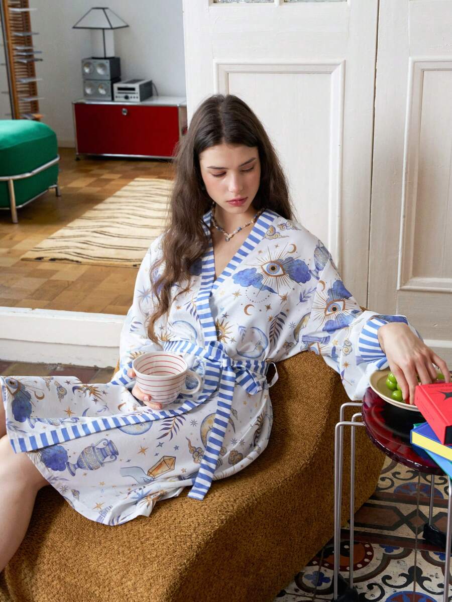 Women's Spring/Autumn Full Print Patchwork Striped Print Belted Robe - White - View 1