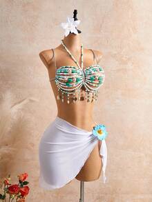 Summer/Autumn New Halloween Costume, Colorful Beaded Cover-Up, European And American Sexy Fashion Design Vacation Beach - Blue - View 3
