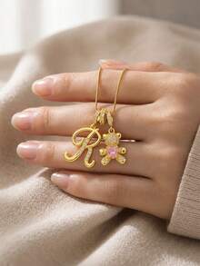 1pc Exquisite Cute Pink & Initial Pendant Necklace, Suitable For Girls Anniversary Party, Birthday Gift, Children's Day And Daily Wear - Gold - View 3