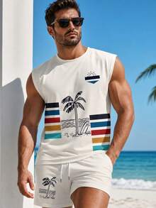 Men Palm Tree Print Round Neck Tank Top And Shorts Casual 2-Piece Set - Multicolor - View 1