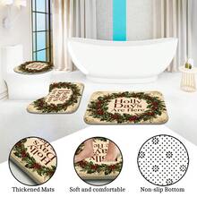 1pc/4pcs Christmas Vintage Holly Wreath Multi-Functional Bathroom Decor Shower Curtain Set, Free 12 Hooks, Premium Holiday Atmosphere, Bathroom Mat, U-Shaped Rug And Round Toilet Lid Cover, Suitable For All Christmas Scenes Decoration - Holly Wreath - View 6