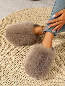 New Fashion Solid Color Long Plush Closed-Toe Slippers, Warm Anti-Slip Slouchy Fur Slippers - Khaki - View 2