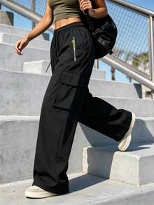Women's Straight Drawstring Elastic Waist Zipper Pocket Sweatpants, Casual Outdoor Straight Cargo Pants, Neon Color Accents, Spring/Autumn Black - Black - View 5