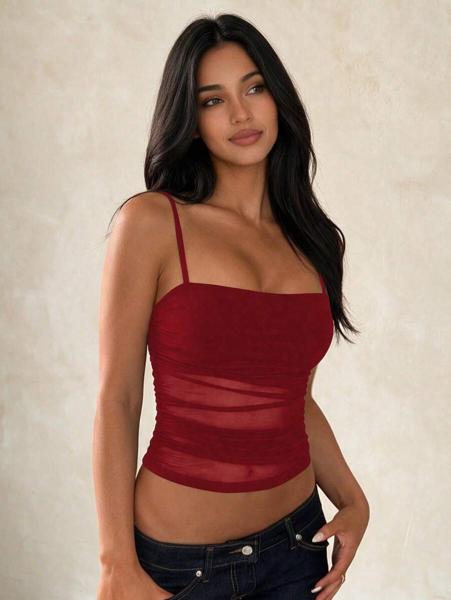 Women's Sexy Mesh Contrast Ruched Solid Color Fitted Clubwear Party Vacation Casual Street Camisole Crop Top Summer, Aesthetic - Burgundy - View 1
