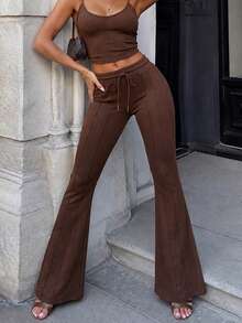 Women's Brown High Waisted Sweatpants Drawstring Flared Wide Leg Bootcut Casual Lounge Wear- - Brown - View 6