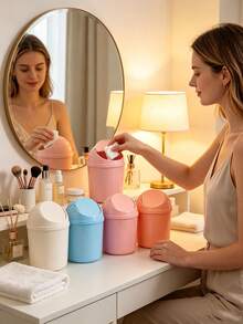 Plastic Mini Trash Can With Swing Lid, Mini Desktop Trash Can, Suitable For Office, Kitchen, Vanity, Bedroom, Bathroom - Multicolor - View 2