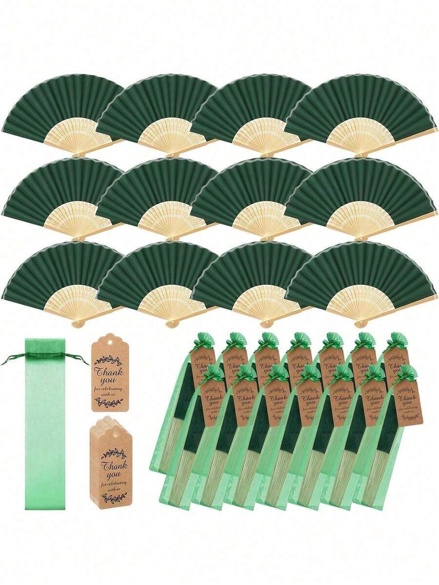 3-60pcs Elegant Fan Set, Includes Thank You Cards, Tags And Gift Bags, Bride Bamboo Handheld Folding Fan, Suitable For Bridesmaid Gifts, Wedding Decor, Party Events, Perfect Summer Accessory, 1pc/Set - Vintage Green - View 1