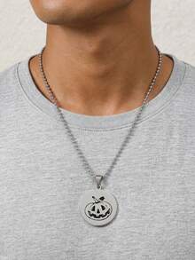 MONALLY Men Halloween Spooky Pumpkin Face Pendant Necklace Stainless Steel Round Jack Lantern Charm Bead Chain Necklace Gothic Holiday Party Jewelry For Guys - Necklace - View 3