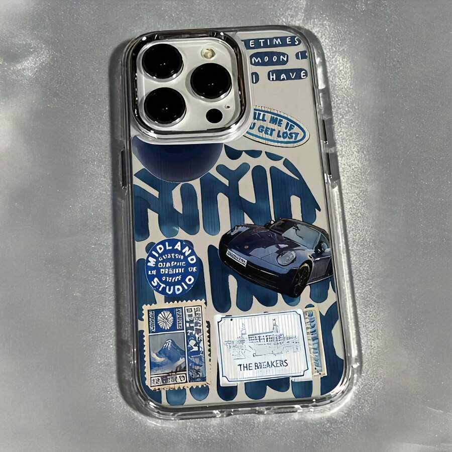 1pc Metal Transparent Personalized Blue Sports Car Collage Pattern Phone Case Compatible With IPhone 16 Pro Max/17/16/15/14 Plus/13/12/11 Protective Shell Air - Multicolor - View 1
