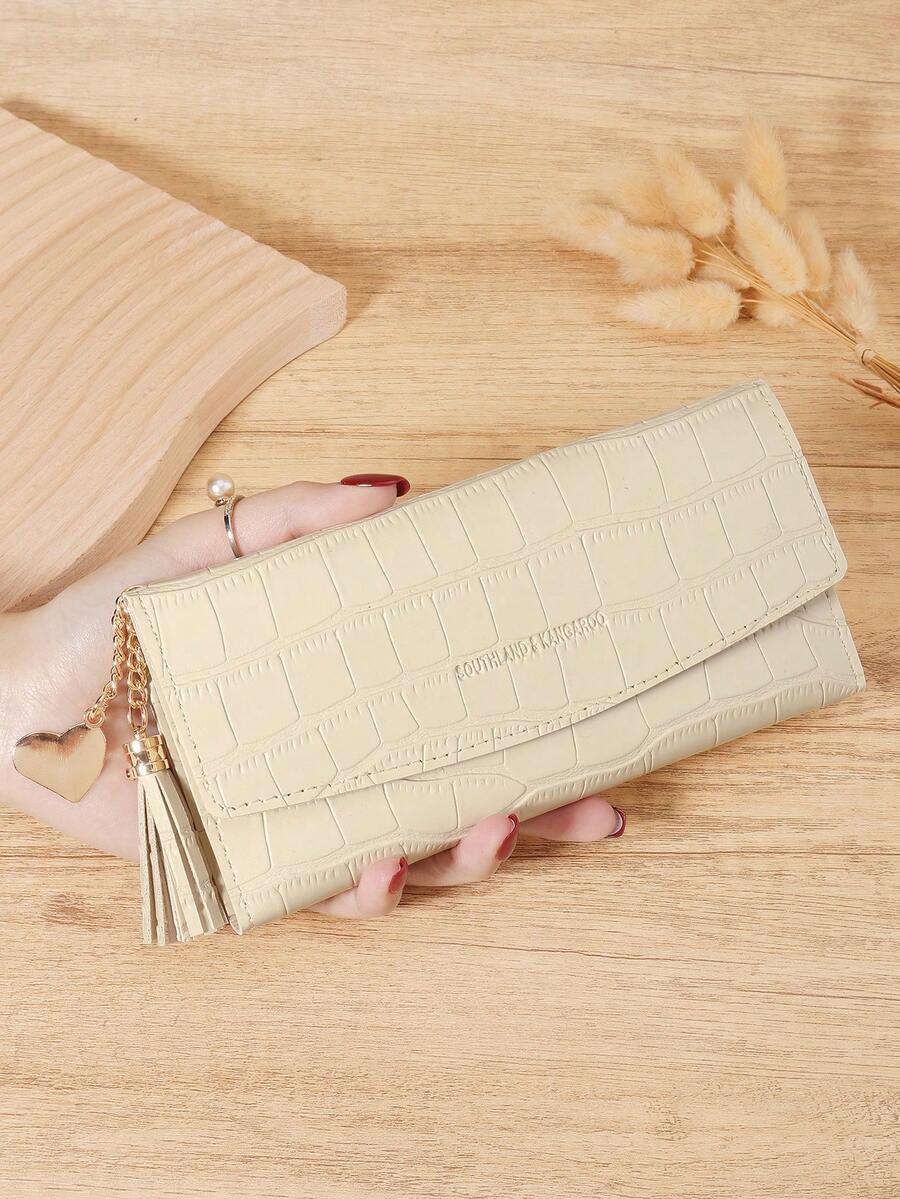 Women's Stone Pattern Three Fold Snap Button Long Wallet With Card Slot And Zipper Pocket, Perfect For Outdoor, Travel, And Back To School Activities - Beige - View 1