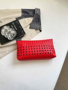 純色PU皮革輕量大容量翻蓋磁扣小方包，多功能派對與晚餐包，適合女性 - 紅色 - 查看 6