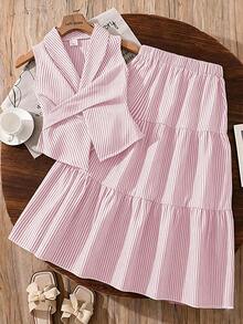 Left Mama Girls' Elegant Bow Decor Striped Sleeveless Top And Skirt Set, Suitable For Commuting And School Style - Pink - View 1