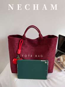 1pc Vintage Suede Solid Color Letter Print Tote Bag, Large Capacity Lightweight Daily Handbag - Burgundy - View 5