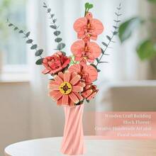 DIY Wooden Flower 3D Puzzle Building Kit With Vase, Hand‑Assembled Artificial Floral Bouquet Model, Art Desktop Home Table Decor Ornament Gift - Multicolor - View 5