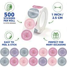 500PCS (1 Roll) Rose Printed Thank You Stickers, Gift Wrapping Decoration Labels, Birthday Wedding Gift Tags, Envelope Seal Stickers, 1 Inch Thank You Label Stickers - Cartoon - View 2