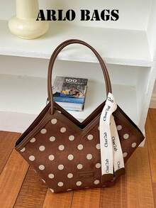 Bolso de tela con estampado de lunares y textura, con correa de cinta y decoración de letras, estilo vintage casual, adecuado para el uso diario, compras, viajes, atuendo enérgico y de moda, bolso tipo abanico en forma de V - Marrón - Ver 8
