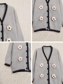 Women's Winter 3D Floral Knit Cardigan - Contrast Trim Cardigan, Christmas New Year Holiday - Grey - View 10