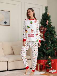 Bộ đồ mặc nhà Giáng Sinh 2 món cho nữ, áo dài tay họa tiết in toàn thân ông già Noel, cây thông Noel và tuần lộc, quần bo gấu viền đỏ, bộ pijama gia đình dịp lễ - Nhiều màu - Xem 4