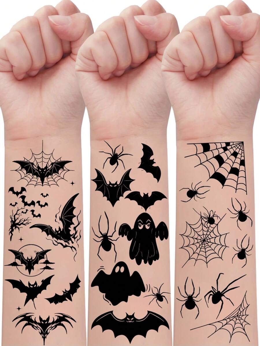 10 Sheets 98pcs Halloween Black Bat Spider Web Ghost Pattern Temporary Tattoo Stickers, Suitable For Party Temporary Makeup - Multicolor - View 1