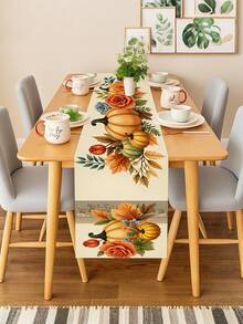 1 Pc Fall Floral Pumpkin Rose Maple Leaf Table Runner Washable Suitable For Outdoor Indoor Party Kitchen Home Dining Table Center Can Be Used For Living Room Rectangular Dining Table Restaurant Decoration - Beige - View 6