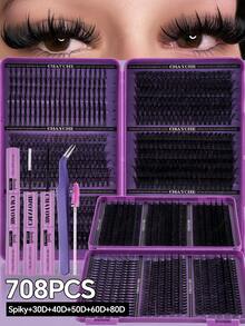 708/700/684/600/180pcs Eyelash Extension Kit, DIY Segmented Lashes, Large Capacity Soft False Eyelash Bundle Set, Suitable For Beginners, DIY Home Use, Fluffy And Thick, Easy To Use, Portable And Reusable, Spiky+D-Curl False Eyelashes - Multicolor - View 5