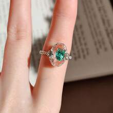 Women's Fresh Elegant Double Layer Inlaid Green Oval Zirconia Stone Artistic Retro Minimalist Open Ring - Green - View 2