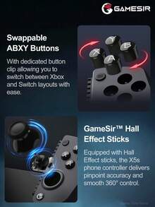 GameSir X5s 無線 Android iOS 手機遊戲控制器，兼容 2 PC 遊戲手柄，霍爾效應搖桿、可切換觸發模式、6 軸陀螺儀、Turbo 功能，黑色 - 黑色 - 查看 7