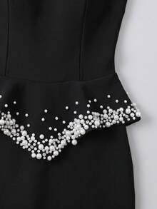 Modphy New Sexy Women's 2-Piece Set, Shiny Pearl Decor Sexy Tie-Up Backless One-Shoulder Ruffle Top, Slim Fit Bodycon Skirt Party Dress Wedding Black Fall - Black - View 8