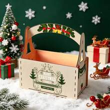 Christmas Wooden Handheld Gift Basket, Xmas Festive Storage Box For Christmas Gift Wrapping, Holiday Table Decor, Xmas Party Supplies, Festive Home Storage, Holiday Gift Container For Xmas Present - A - View 2