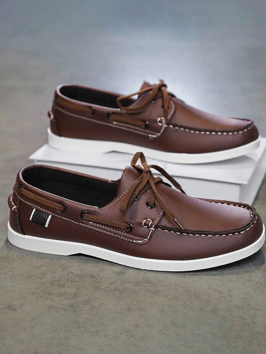 GAISIMA Men's Contrast Stitching Boat Shoes, Vintage Casual Lace-Up Loafers, Daily Business Commute Spring Autumn Slip-On Moccasins - Brown - View 1