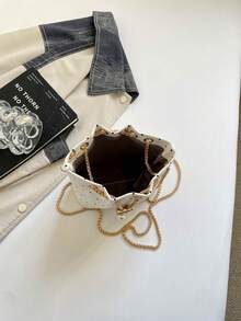 Mini New Fashion Straw Woven Gold Chain Drawstring Bucket Bag Beach Bag - White - View 6