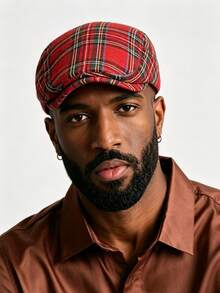 1pc Vintage Red Plaid Beret Hat For Men, British Newsboy Cap, Retro Casual Flat Cap - Red - View 2