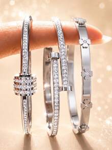 3Pcs Women Silver Stackable Bangle Set, Stainless‑Steel Multi‑Style With Rhinestone & Bamboo Design, Hypoallergenic Jewelry For Daily & Party Gift. - Silver - View 3