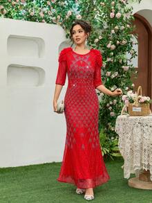 JINLICX Luxury Red 3D Floral Shoulder Rhinestone Mermaid Evening Dress Half Sleeve Mesh Formal Maxi Gown - Red - View 4
