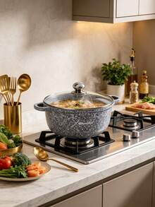 8/10/12pcs Marble Coated Aluminum Cookware Set, Grey Blue Speckled Pot Body, Compatible With Gas Stoves And Induction Cooktops, For Soup Boiling, Braising And Frying Various Ingredients In Household Kitchens - View 2
