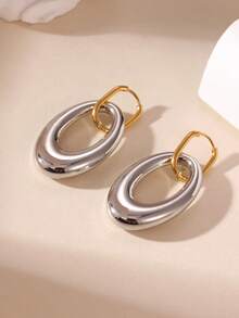 GEREIT 2pcs 18k Gold Plated Stainless Steel Dual-Tone Hollow Oval Open Hoop Earrings - Multicolor 1 - View 8