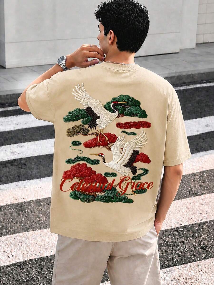 Zrgoth 男士休闲百搭简约仙鹤风景艺术印花短袖T恤