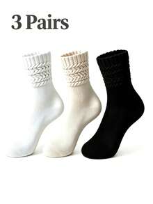 3 Pairs Women's Vintage Slouch Mid-Calf Socks, Exquisite Twisted Knit Socks, Simple Solid Black, White, Beige Three Colors, Soft Korean Style. Soft And Skin-Friendly, Breathable Casual Sports Long Socks, High Elasticity Cuff Fits Ankle, Non-Slip. Suitable For Daily Commute - Multicolor - View 2