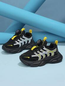 Children's Black & Yellow Colorblock Mesh Rotating Buckle Sports Shoes, Casual Style, Suitable For Spring/Autumn School And Outdoor Walking - Black - View 5