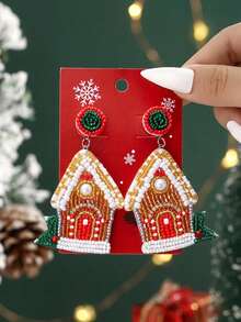 1 Pair Christmas Gingerbread House Handmade Beaded Dangle Earrings, Cute Holiday Party Jewelry For Women - Multicolor - View 2