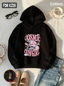 Autumn Girls Graphic Hoodie With Pink Cowboy Hat Skull Print & Cosmic Cowgirl Text Y2K - Black - View 2