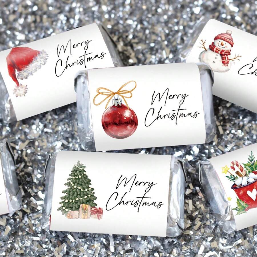 30pcs/5sheets Merry Christmas Mini Candy Cane Labels Stickers - Holiday Snowman, Christmas Tree And Santa Hat Design - Christmas Holiday Chocolate Candy Cane Packaging Stickers, Christmas Party Supplies, Candy Not Included