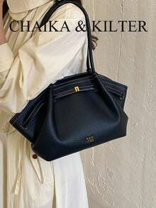 CHAIKA & KILTER 1pc Solid Color PU Fabric Shoulder Bag, Women's Casual Litchi Texture Large Capacity Tote Bag With Pleated Design, Adjustable Waist Belt Decor, Dual Handles, Magnetic Closure, Suitable For Travel, Shopping, Dating, Women's Gift, Ideal For Teenage Girls, College Students, Beginners And White-Collar Workers, Perfect For Office, Campus, Work, Business, Commute, Outdoor, Travel, Outing - Black - View 8