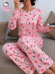 SANRIO 2 قطعة/مجموعة ملابس منزلية للبنات بطبعة Hello Kitty وردية كاملة، ملابس علوية بأكمام قصيرة وطويلة + بنطال بساق مستقيمة، ناعمة وصديقة للبشرة ومريحة بأسلوب حلو وجميل - وردي - مشاهدة 5