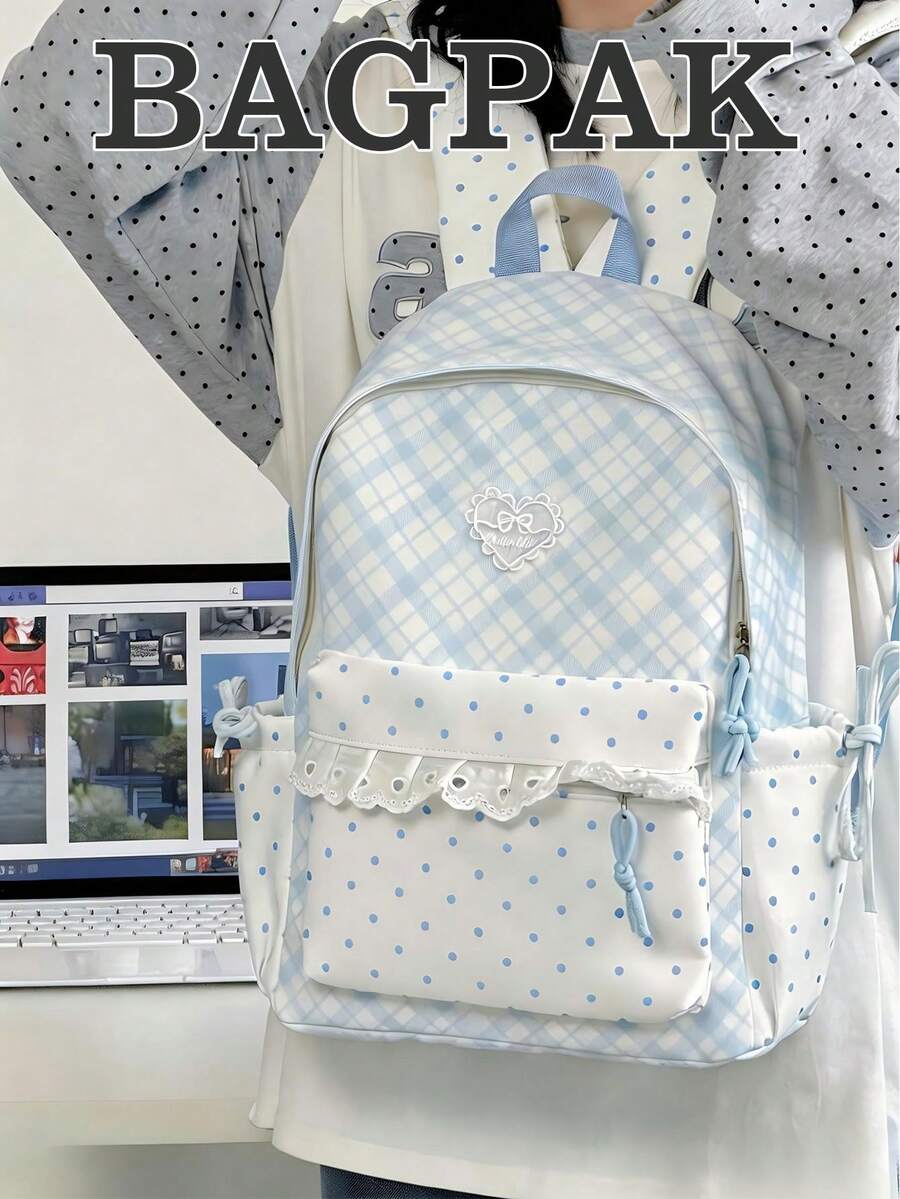 1pc Plaid & Polka Dot Patchwork Backpack, Sweet College Style With Ruffle Front Pocket & Heart Embroidery, Suitable For Campus Daily Commute - Multicolor - View 1