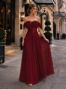 VIPGIRL Burgundy Cold Shoulder Sequin Corset Evening Dress Ruched Drop Waist Pleated Chiffon Flowy A-Line Floor Length Prom Party Wedding Guest Maxi Dress Fall - Burgundy - View 5